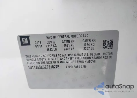 2014 Chevrolet Malibu 2Lz z USA, uszkodzony, nr VIN 1G11J5SX5EF210275